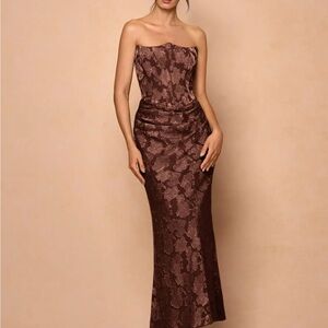 Azazie Strapless Jacquard Gown in Chocolate Brown